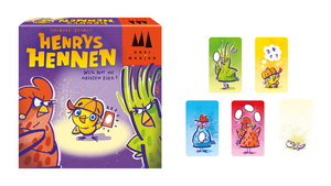 Produktverpackung und Spielkarten von Henrys Hennen