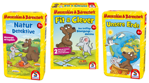 Produktverpackungen von Mauseschlau und Bärenstark Spielen Natur Detektiv, Fit und Clever und Unsere Erde