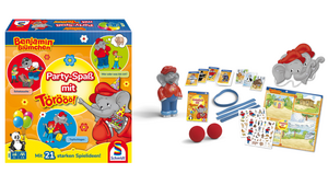 Produktverpackung und Spielmaterial von Benjamin Blümchen Party-Spaß mit Törööö