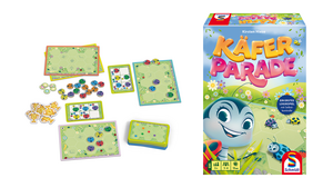 Spielmaterial und Produktverpackung von Käfer Parade