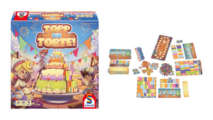 Produktverpackung und Spielmaterial von Topp die Torte
