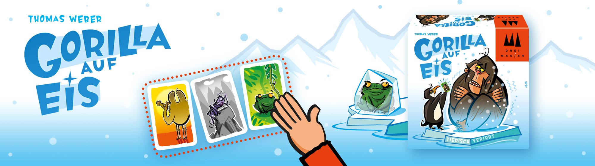 Banner zum Drei-Magier-Spiel „Gorilla auf Eis“ mit drei Spielkarten, Frosch und Verpackung