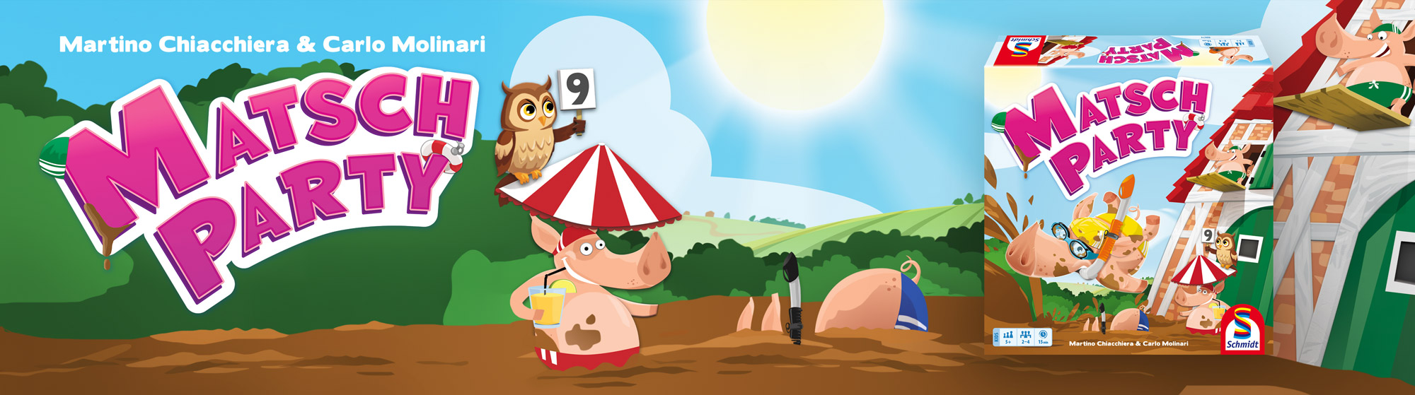 Banner zum Spiel „Matsch Party“ mit Schriftzug, Schweinen, Eule und Verpackung
