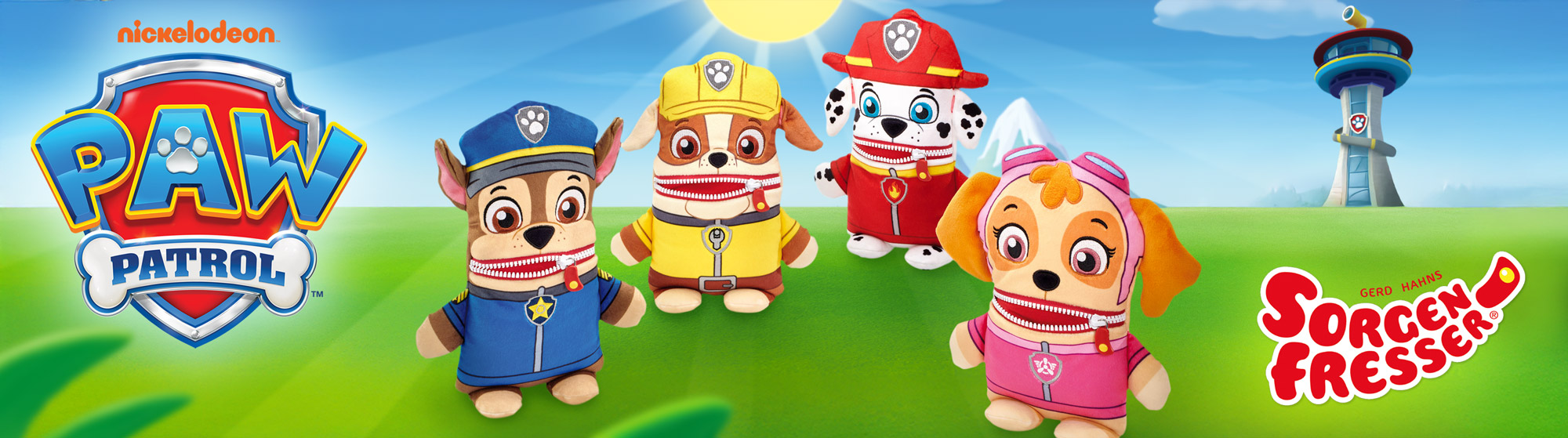 Banner zu den Paw Patrol Sorgenfressern mit Logos und den entsprechenden Hunde-Plüschfiguren