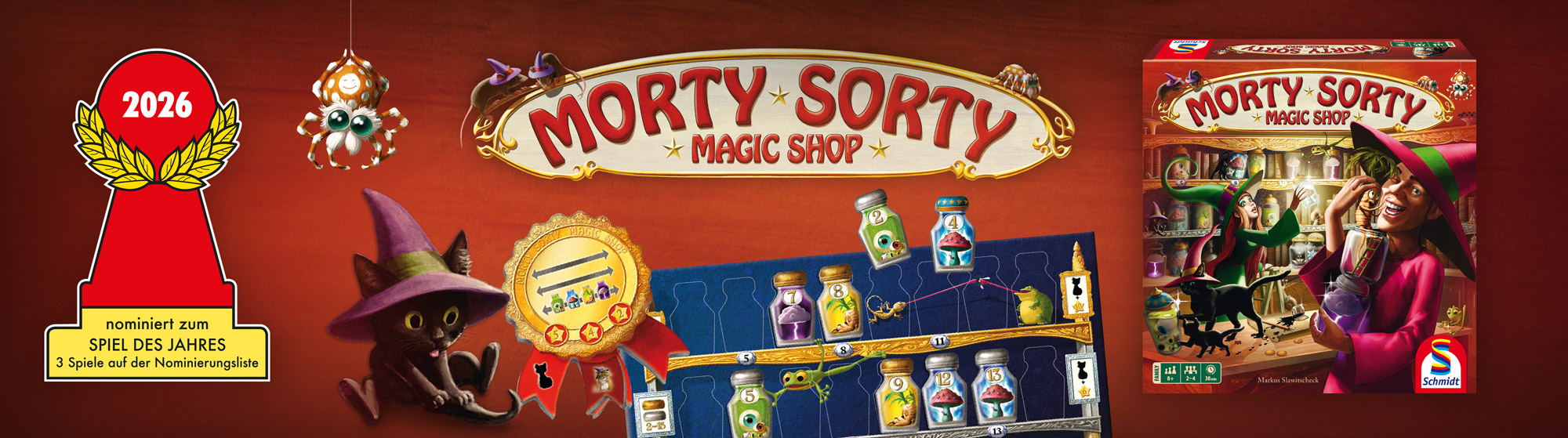 Banner zum ausgezeichneten Spiel „Morty Sorty Magic Shop“ mit Schriftzug, Spielmaterial, Katze mit Hexenhut, Spinne und Verpackung