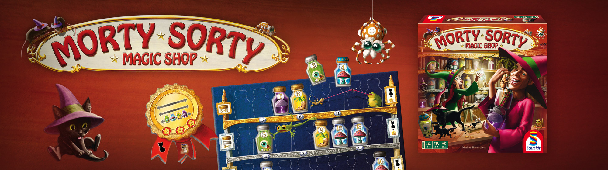 Banner zum Spiel „Morty Sorty Magic Shop“ mit Schriftzug, Spielmaterial, Katze mit Hexenhut, Spinne und Verpackung