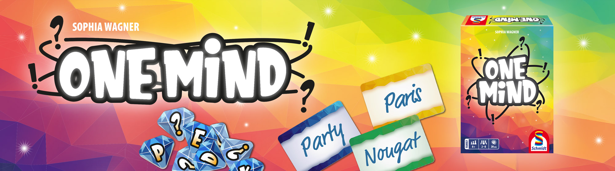 Banner zum Spiel „One Mind“ mit Schriftzug, Spielmaterial, drei Spielkarten und Verpackung