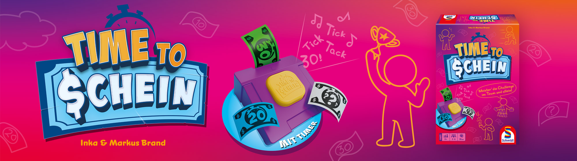 Banner zum Spiel „Time to Schein“ mit Logo, Geldscheinen, verschiedenen Illustrationen und Verpackung
