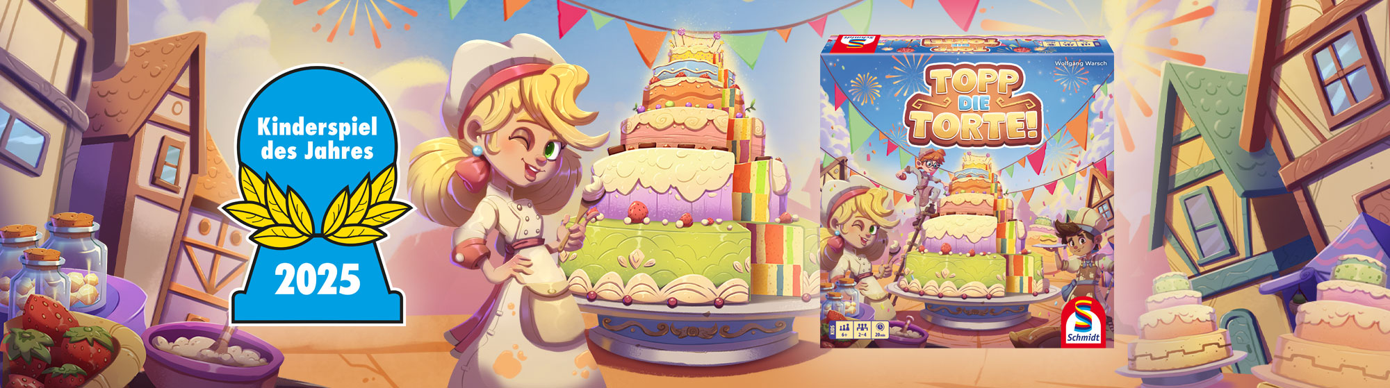 Banner zur Nominierung des Spiels "Topp die Torte!" zum Kinderspiel des Jahres 2025
