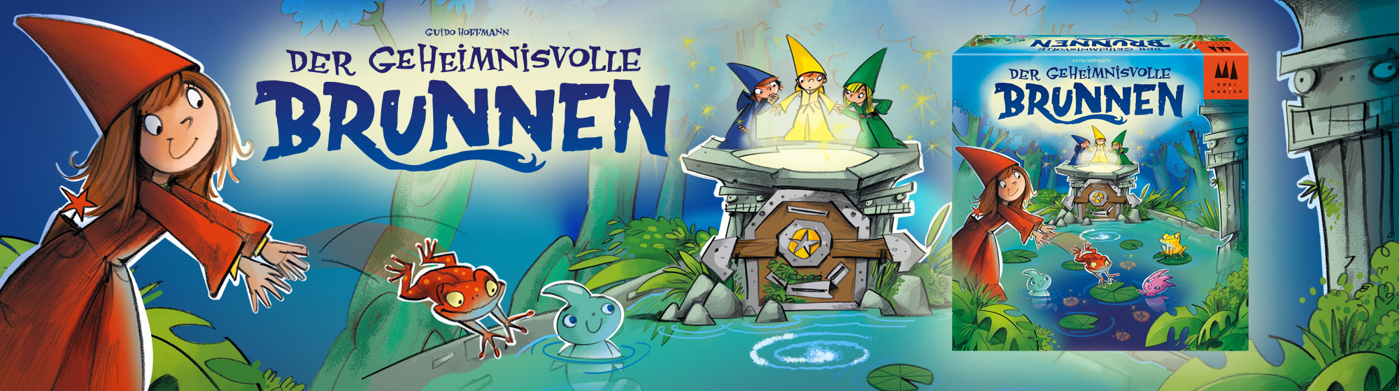 Banner zum Spiel "Der geheimnisvolle Brunnen" mit Schriftzug, froschwerfendem Magier-Mädchen, Illustration und Verpackung
