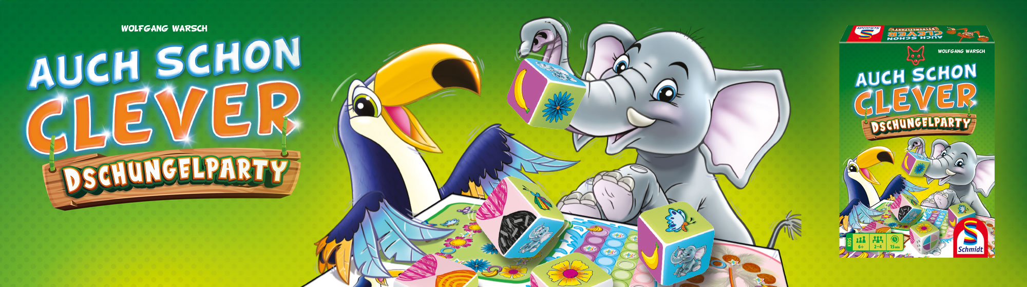 Banner zum Spiel "Dschungelparty" mit Schriftzug, würfelndem Tukan und Elefant (illustriert) und Verpackung