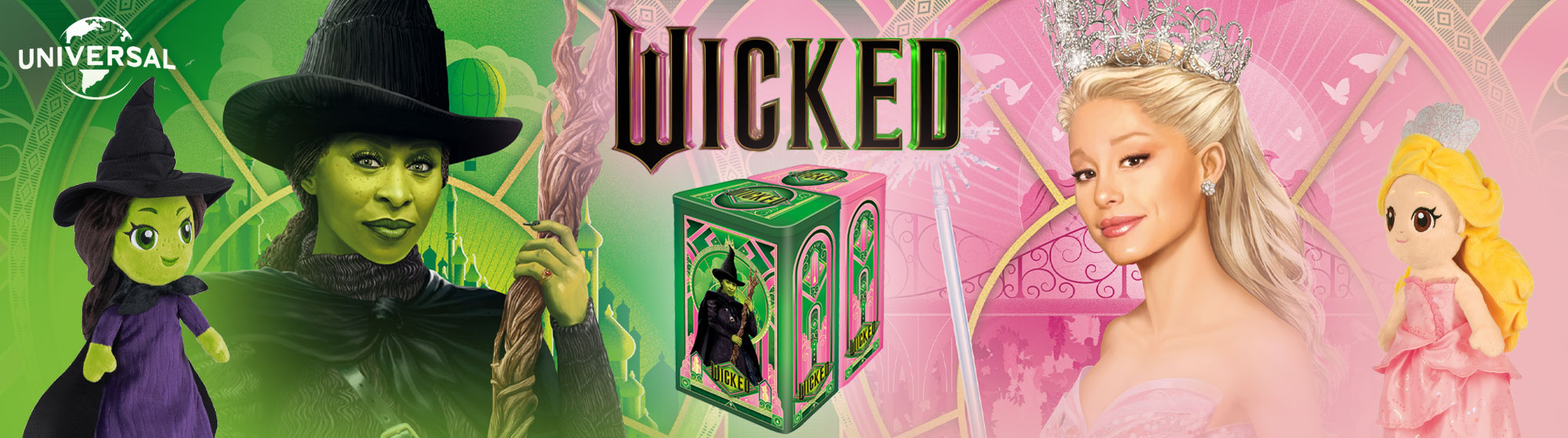 Banner zu den Wicked-2-Kinofilm-Produkten mit Hexen- und Prinzessin-Motiv, Schriftzug, Plüschfiguren und Puzzle-Verpackungen