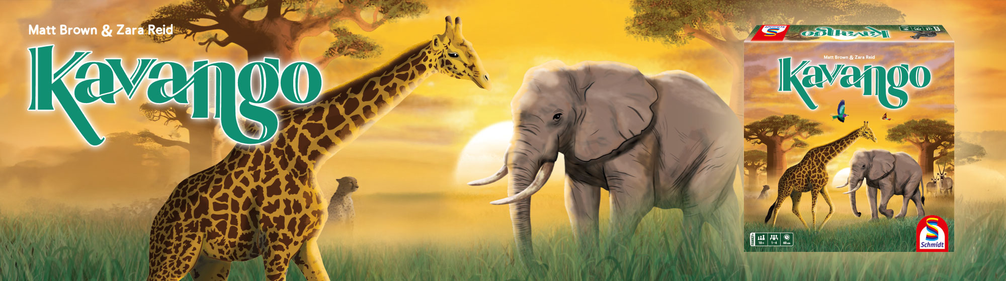 Banner zum Spiel "Kavango" mit Schriftzug, Giraffe, Elefant, afrikanischer Landschaft und Verpackung
