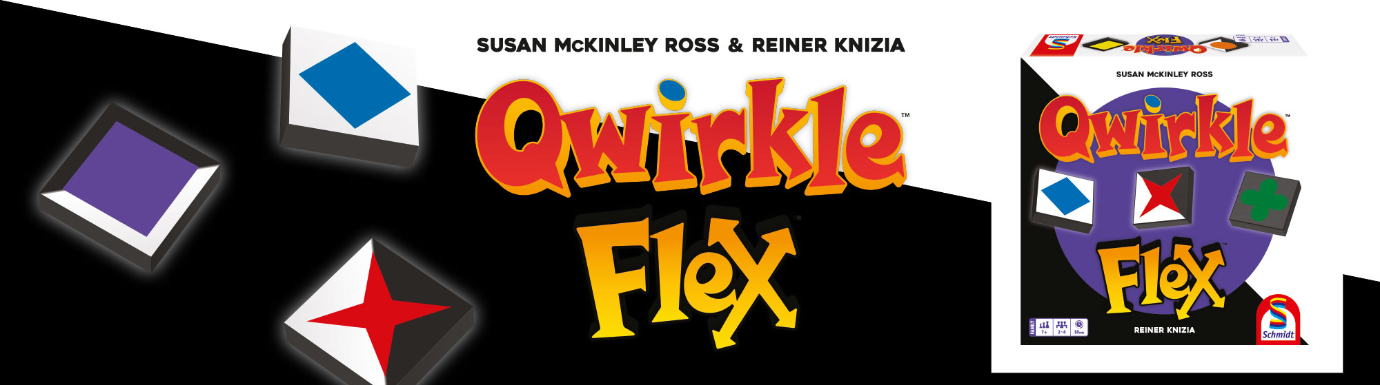 Banner zum Spiel "Qwirkle Flex" mit Schriftzug, Spielsteinen und Verpackung