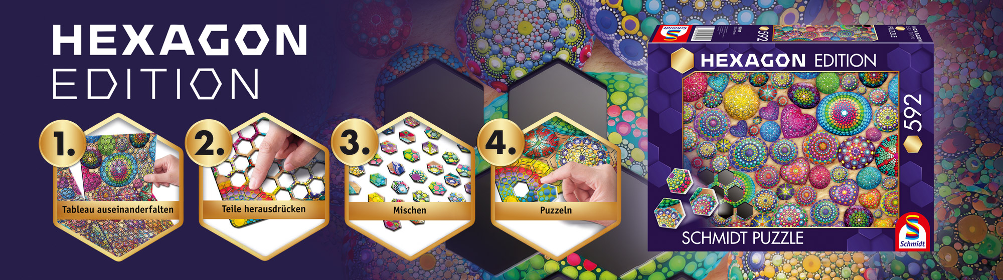 Banner zu den neuen Hexagon Puzzles mit Kurzanleitung: Tableau auseinanderfalten, Teile herausdrücken, mischen und lospuzzeln