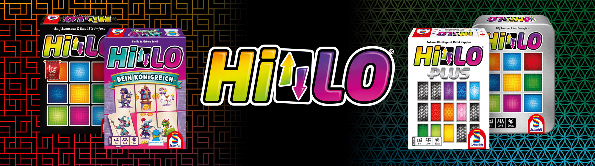 Banner zu allen vier HiLo Spielen mit Darstellungen der Produktverpackungen und Logo