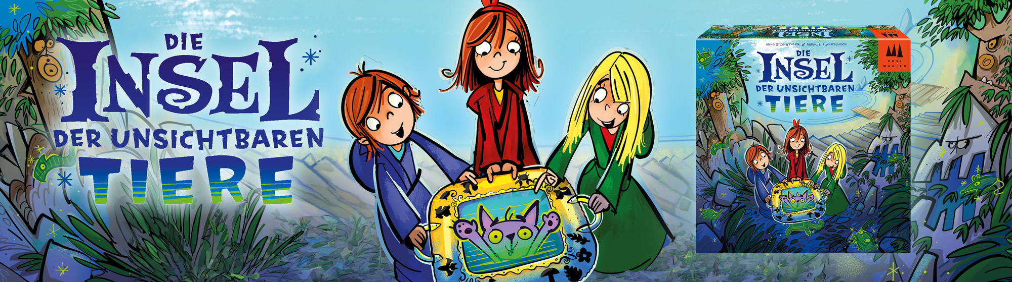 Banner zu "Insel der unsichtbaren Tiere" mit Darstellung der drei Magier und von der Verpackung
