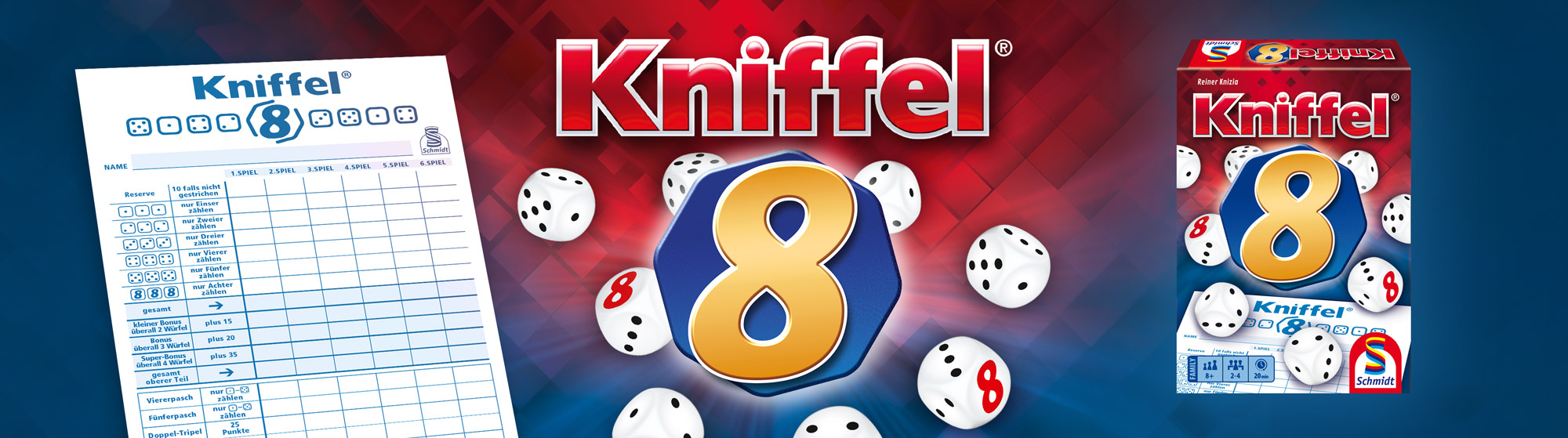 Banner zu "Kniffel 8" mit Logo, Signet, Kniffelblock und Produktverpackung