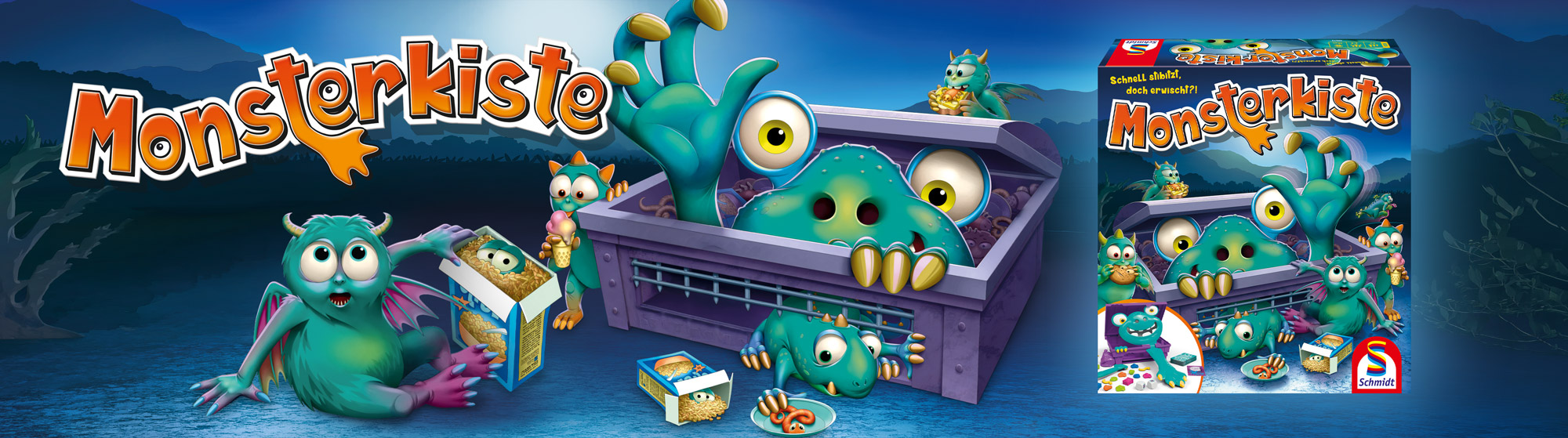 Banner zu "Monsterkiste" mit Logo, Produktverpackung und Monsterillustrationen