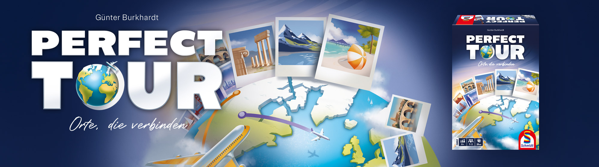 Banner zu "Perfect Tour" mit Logo, Produktverpackung und illustrierter Weltkugel mit Fotos und Flugzeugen