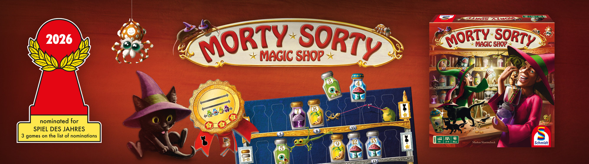 Banner for the award-winning game “Morty Sorty Magic Shop” featuring text, game pieces, a cat wearing a witch's hat, a spider, and packaging